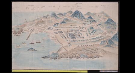 Handgezeichnete colorierte Ansicht mit Einzeichnungen im chinesischen Stil von der Bucht Kiautschou