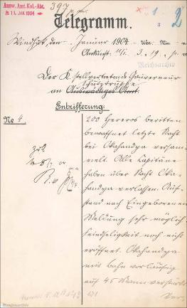 "200 Hereros beritten bewaffnet letzte Nacht bei Okahandya versammelt ...", Telegramm vom 11. Jan. 1904, Seite 1