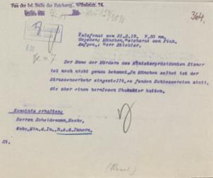 Schreiben der Informationsstelle der Reichsregierung u.a. an das Reichsamt des Innern vom 21. Februar 1919 zum Attentat auf Kurt Eisner