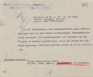 Schreiben der Informationsstelle der Reichsregierung u.a. an das Reichsamt des Innern vom 21. Februar 1919 über Demonstrationen nach der Ermordung Eisners