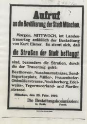 Aufruf an die Bevölkerung Münchens anlässlich der Beerdigung Kurt Eisners am 26. Februar 1919
