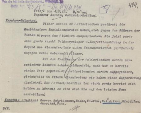 Meldung an die Meldestelle im Reichsamt des Innern über die Unruhen in Berlin vom 4. März 1919